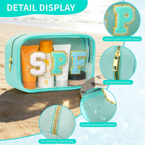 Clear Sunscreen Zipper Bag For Beach And Pool, Waterproof See Through Makeup Pouch With Glitter Sun Design on sand