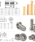 Image showing 290 Piece M2.5 Hex Brass Spacer Standoff Kit With Screws And Nuts For Motherboard And Electronics Copper Yellow And Stainless Steel Assortment 12 Sizes Including 6 10 15 20 25mm Plus 6mm Extension with specifications and components like brass spacers, screws, and nuts.
