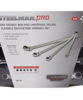 Tough As Nails 4 Piece Flexible Double Box End Universal Spline Ratcheting Wrench Set with chrome vanadium steel, laid out in packaging.
