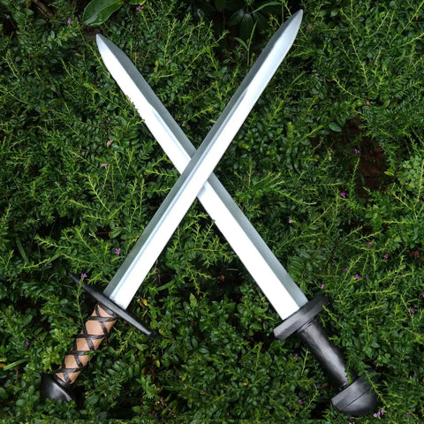 Two Pack 25 Inch Medieval Viking PU Foam Sword For Adults Costume Weapon Safe Soft Foam Larp Prop crossed on grass