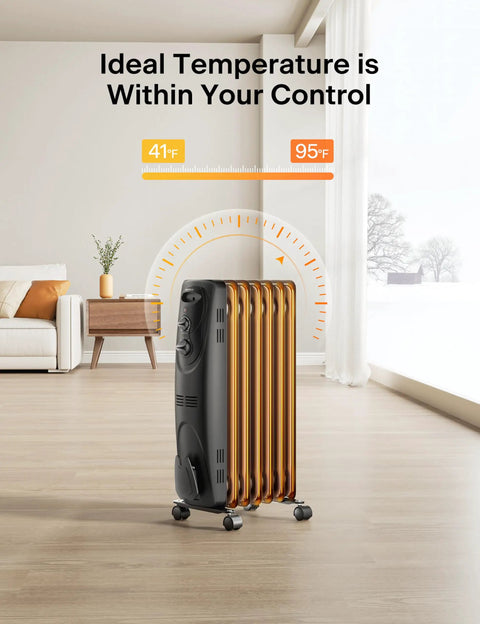 Big Room Electric Oil Filled Radiator Heater With Dual Knobs 1500W Fast Heat Quiet Space Heater in a bright living room