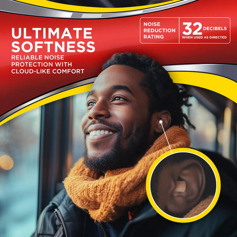 Man smiling with Ultra Soft Foam Ear Plugs For Sleep And Travel With NRR 32 Great For Studying Concerts Loud Events And Gun Range Safety 14 Pairs Cushioned Comfort For All Day And Night Use visible in ear
