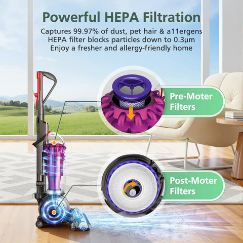 Replacement Vacuum Filter Set For DC41 DC65 DC66 UP13 UP20 UP30 Ball Animal Series Including Multi Floor Models With 2 Post Filters And 2 Pre Filters shown in living room.