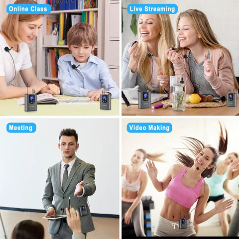 UHF Wireless Headset And Lavalier Microphone Kit With Bodypack Transmitter in use during online classes, meetings, and live streaming.