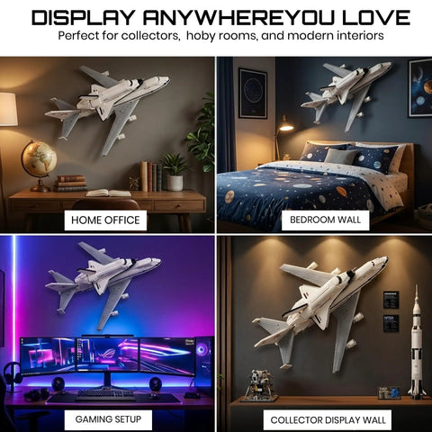 Lego Shuttle Carrier Aircraft 10360 Wall Mount Space Saving Display Bracket showcasing setup in various rooms.
