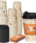 Straight Fire 50 Pack Party Bundle Includes 16 Oz Plastic Coffee Cups With Secure Black Lids And Extra Warm Insulated Sleeves, displayed with decorative coffee cups, lids, and sleeves.