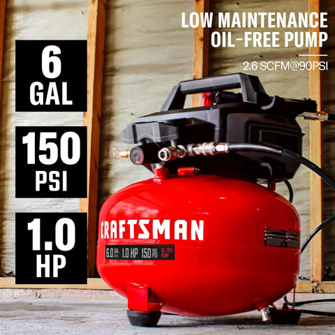 Craftsman 6 Gallon Pancake Air Compressor With Nailer Combo Kit Oil Free Portable Air Tool Set Perfect For Home DIY Fraternity Dorm Projects And Finish Carpentry Work Up To 150 Psi