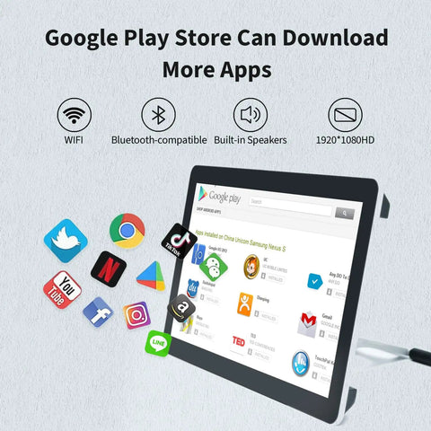 Big Time 17.3 Inch Android 12 Touchscreen Monitor Tablet With FHD 1080p Display, Wifi And Bluetooth, 4GB Ram Storage, showing Google Play Store interface and app icons.
