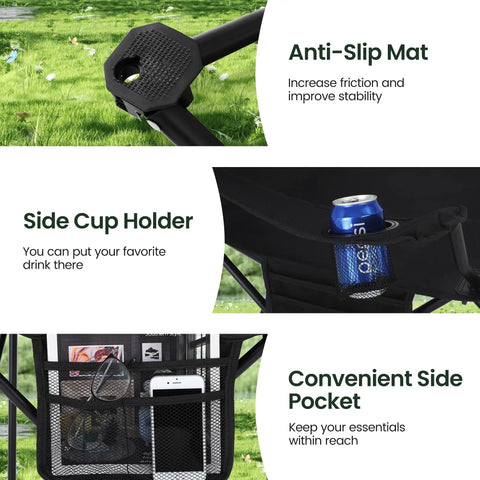 Features of Two Pack Portable Camping Chairs with anti-slip mat, mesh cup holder, convenient side pocket, black design.