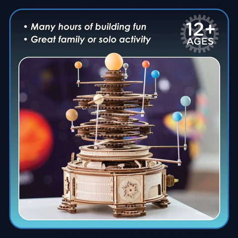 DIY Solar System Wood Puzzle Kit For Teens And Adults, 14 Inch Tall 3D Solar System Model, wooden orrery with LED moving planets