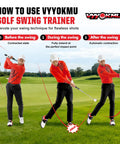 Golf instructor demonstrating swing with Tempo Stick Golf For Right Hand Retractable Swing Trainer With Arm Band in outdoor sequence.