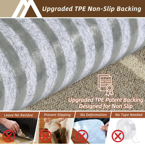 Soft Stair Treads 15 Pack Non Slip Carpet Mats 28x9 Inches For Indoor Wooden Stair Runners Kid And Pup Friendly Rugs 100 Percent Polyester With TPE Backing Beige, close-up of TPE backing showing non-slip design on carpet.