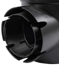 Close-up of Spee-D Round Catch Basin Drain With One Outlet For Light Stormwater Runoff Connects To Three And Four Inch Drain Pipes Six Inch Plastic Black Basin