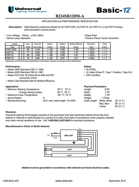 Specification sheet for Electronic T12 Fluorescent Ballast For 2 Lamps 59/71W 120V Black Finish, showing technical details and diagram.