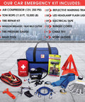 Ultimate Car Emergency Kit With Air Compressor And Heavy Duty Jumper Cables First Aid Tow Strap Tire Gauge And Headlamp Roadside Safety Kit For Women Men And Teens Ready For Any Breakdown, showing components like jumper cables, tow strap, air compressor, and safety tools in front of a bag.
