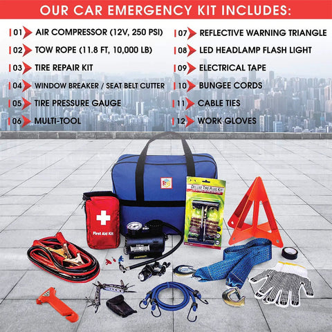 Ultimate Car Emergency Kit With Air Compressor And Heavy Duty Jumper Cables First Aid Tow Strap Tire Gauge And Headlamp Roadside Safety Kit For Women Men And Teens Ready For Any Breakdown, showing components like jumper cables, tow strap, air compressor, and safety tools in front of a bag.