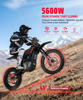 Rider on EM5 Pro 60V Electric Dirt Bike With Light And Display Off Road Motorcycle 5600W Power 3 Speed Modes climbing steep hill
