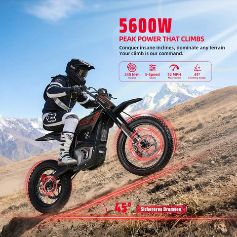 Rider on EM5 Pro 60V Electric Dirt Bike With Light And Display Off Road Motorcycle 5600W Power 3 Speed Modes climbing steep hill