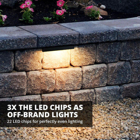 Six Pack Hardscape Lights For Retaining Walls And Steps, 4W 6.8 Inch LED Paver Step Lights with 2700K warm white on stone wall.