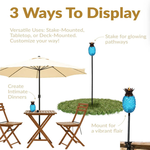 Tropical Pineapple Glass Patio Torch Set Of 2 For Outdoor Lawn Garden Deck And Backyard Lighting 63 Inch Tall Blue