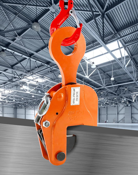 QWORK 2-Ton vertical plate lifting clamp, orange steel, front view with lifting hook