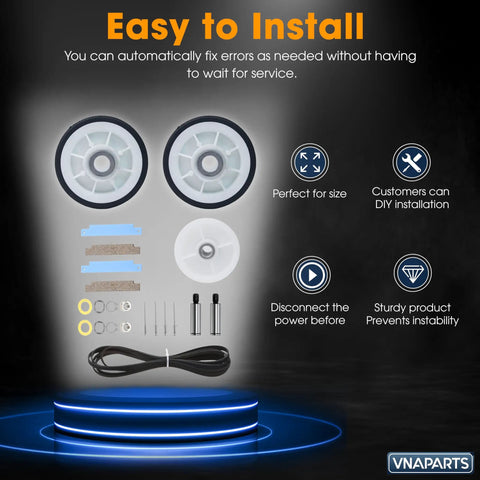 Neptune 3000 Series Dryer Repair Kit All In One Replacement Set With Drum Rollers Bearings Idler Pulley And Belt components displayed.