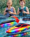 Children playing with 2-Pack RC Boats For Pool And Lake Fun With 2 Controllers, 2.4GHz Remote, 7-Mode LED Lights in pool