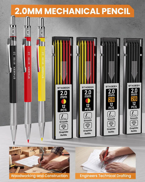 Job Site Ready And No Nonsense Carpentry Marking Kit Featuring A Kick-Ass Tool Bundle With Color Coded Refills Precision Scribe Center Punch And Heavy Duty Pencils For Skilled Craftsmen, showcasing 2.0mm mechanical pencils and refills.