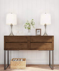 Set Of 2 Mid Century Modern Table Lamps With Metal Flared Trumpet Bases, Energy Efficient Led Bulbs Included, Silver Finish, Perfect Pair For Bedroom Or Living Room, Drum Ivory Lampshades on wood console in living room