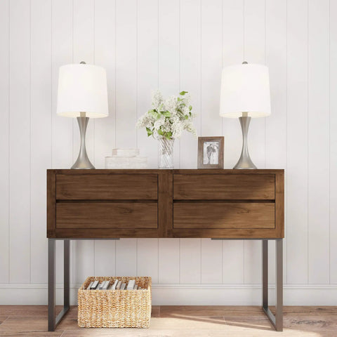 Set Of 2 Mid Century Modern Table Lamps With Metal Flared Trumpet Bases, Energy Efficient Led Bulbs Included, Silver Finish, Perfect Pair For Bedroom Or Living Room, Drum Ivory Lampshades on wood console in living room