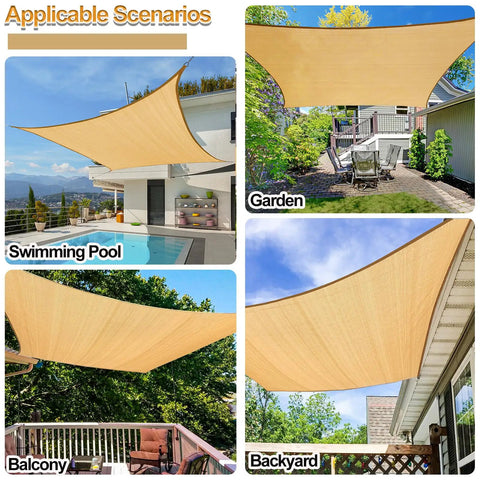 Sun Shield Shade Sail 10x20 Rectangle Sand Outdoor Canopy for Backyard Patio Pergola Garden Deck Breathable UV Blocking HDPE Fabric 185 GSM With Durable Stainless D Rings Custom Size Available Backyard Chill Vibe installed over pool, garden, and patio.