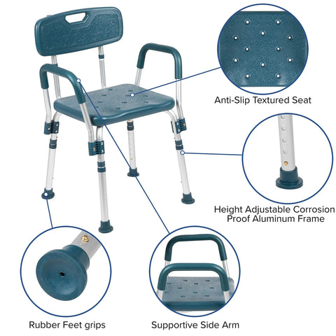 Hercules Series Adjustable Navy Bath And Shower Chair, 300 Pound Capacity, with anti-slip seat and corrosion-proof frame