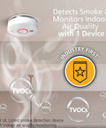 2 In 1 Smoke Detector And Indoor Air Quality Monitor With WiFi And Alexa Compatibility Hardwired With Battery Backup Voice And App Alerts For Smoke Hazards And TVOC Levels At Home, mounted on ceiling with air quality indicators.