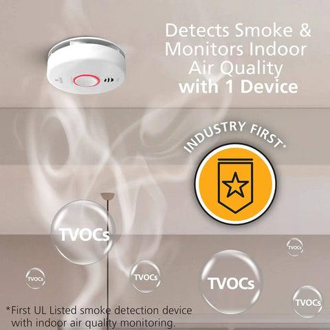 2 In 1 Smoke Detector And Indoor Air Quality Monitor With WiFi And Alexa Compatibility Hardwired With Battery Backup Voice And App Alerts For Smoke Hazards And TVOC Levels At Home, mounted on ceiling with air quality indicators.