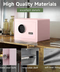 Front view of Premium Jewelry Safe with Fingerprint and Keypad Lock, pink box with velvet lining, removable shelf on desk