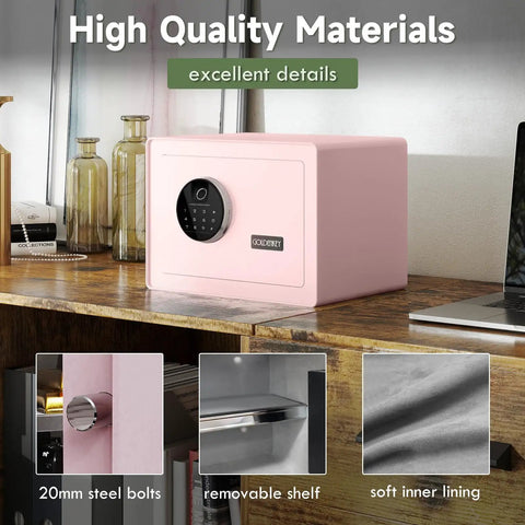 Front view of Premium Jewelry Safe with Fingerprint and Keypad Lock, pink box with velvet lining, removable shelf on desk