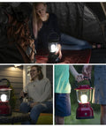 People using the Beefy 800 Lumen LED Camping Lantern With USB Rechargeable Battery 200 Hour Runtime Carabiner Handle Emergency Light For Blackouts Storms And Hiking Adventures in different settings