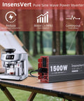 No Sweat Heavy Duty 1500 Watt Pure Sine Wave Power Inverter DC 12V To 120V AC with coffee machine in outdoor setting.
