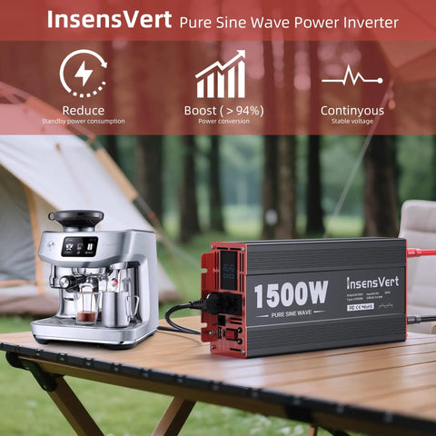 No Sweat Heavy Duty 1500 Watt Pure Sine Wave Power Inverter DC 12V To 120V AC with coffee machine in outdoor setting.