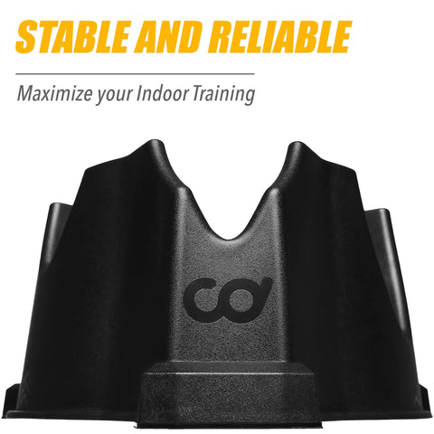 Front Wheel Riser Block For Indoor Bike Trainers With Three Height Levels, black, shown from front angle with logo visible.