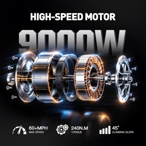 Heavy Duty Kickass 9000W Peak Motor Electric Dirt Bike high-speed motor with 240N.M torque and 60+MPH performance.