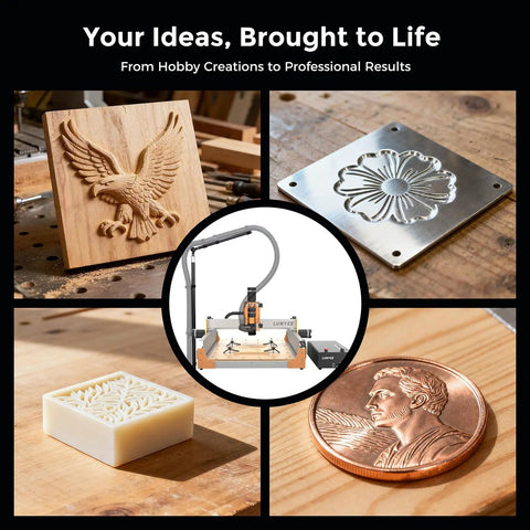 4040 Pro Max CNC Router Machine creating wood, acrylic, and metal engravings with 500W spindle precision for makers.