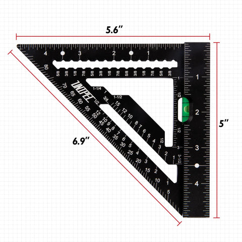 Pro Shop Grade Four Point Five Inch Aluminum Rafter Square With Built In Level And Tough Woodworking Triangle Ruler 5.6" x 6.9" with laser etch marks