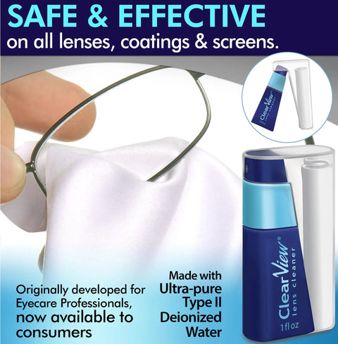 Clear View Lens Cleaner Kit: two 8oz bottles, 1oz travel spray, and three microfiber cloths for eyeglasses and screens