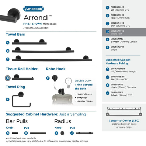 Matte Black Single Post Toilet Paper Holder Seven And A Quarter Inch Arrondi Bath Tissue Holder Durable Stainless Steel Bath Hardware For Modern Bathrooms showcased with matching bathroom fixtures and suggested cabinet hardware in the image.
