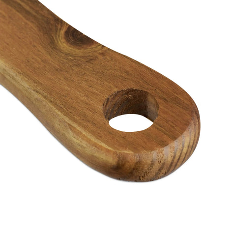 Close-up of rustic wooden handle with hole, part of the Kick Back Wooden Shooting Board Set With Eighteen Shot Glasses.