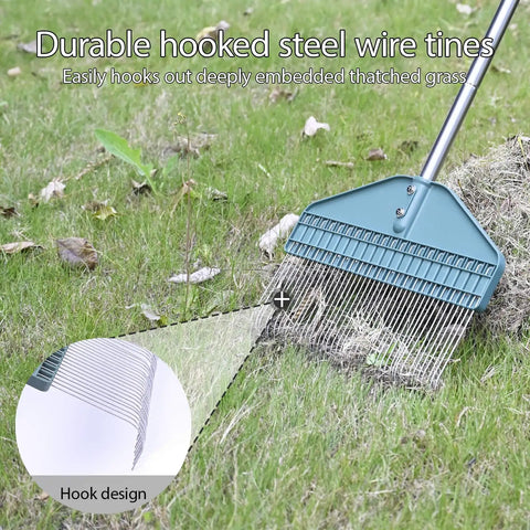 Thatch Rake With 66 Inch Adjustable Handle And 17 Inch Wide Dethatcher removing thatched grass from lawn with hooked steel tines