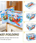 Heavy Duty Foldable Storage Bin With Lid And Handles For Bedroom Closet Organization Collapsible Shelf Boxes 300D Oxford Dustproof Flip Top Cover shown in colorful Santa design.