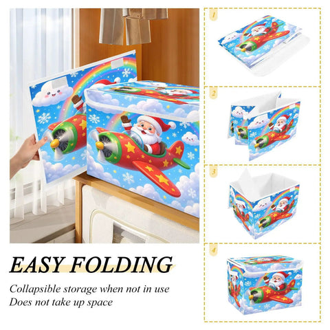 Heavy Duty Foldable Storage Bin With Lid And Handles For Bedroom Closet Organization Collapsible Shelf Boxes 300D Oxford Dustproof Flip Top Cover shown in colorful Santa design.