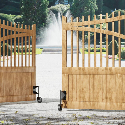 4 Inch Gate Wheels With Spring Loaded Caster And 360 Degree Universal Mount Plate For Wooden Fence And Metal Gates Heavy Duty 220 Lb Capacity Black Absorbs Vibration And Handles Uneven Surfaces Across Concrete Dirt And Grass shown installed on wooden gates